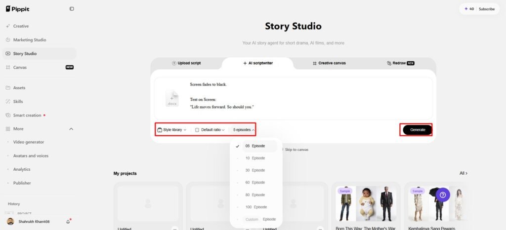 Finally, select "Generate" to let AI develop your initial script